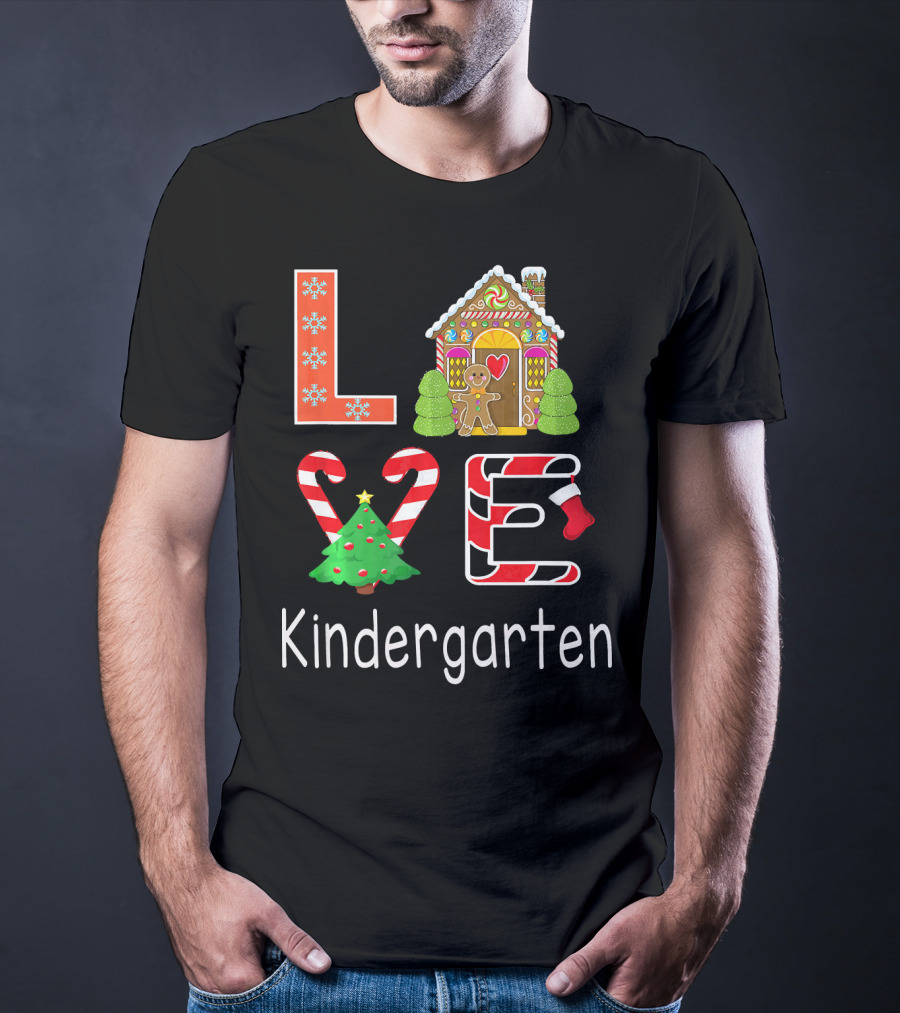 Love Kindergarten Christmas Candy Cane Gingerbread House T-Shirt