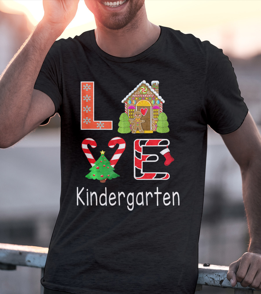 Love Kindergarten Christmas Candy Cane Gingerbread House T-Shirt