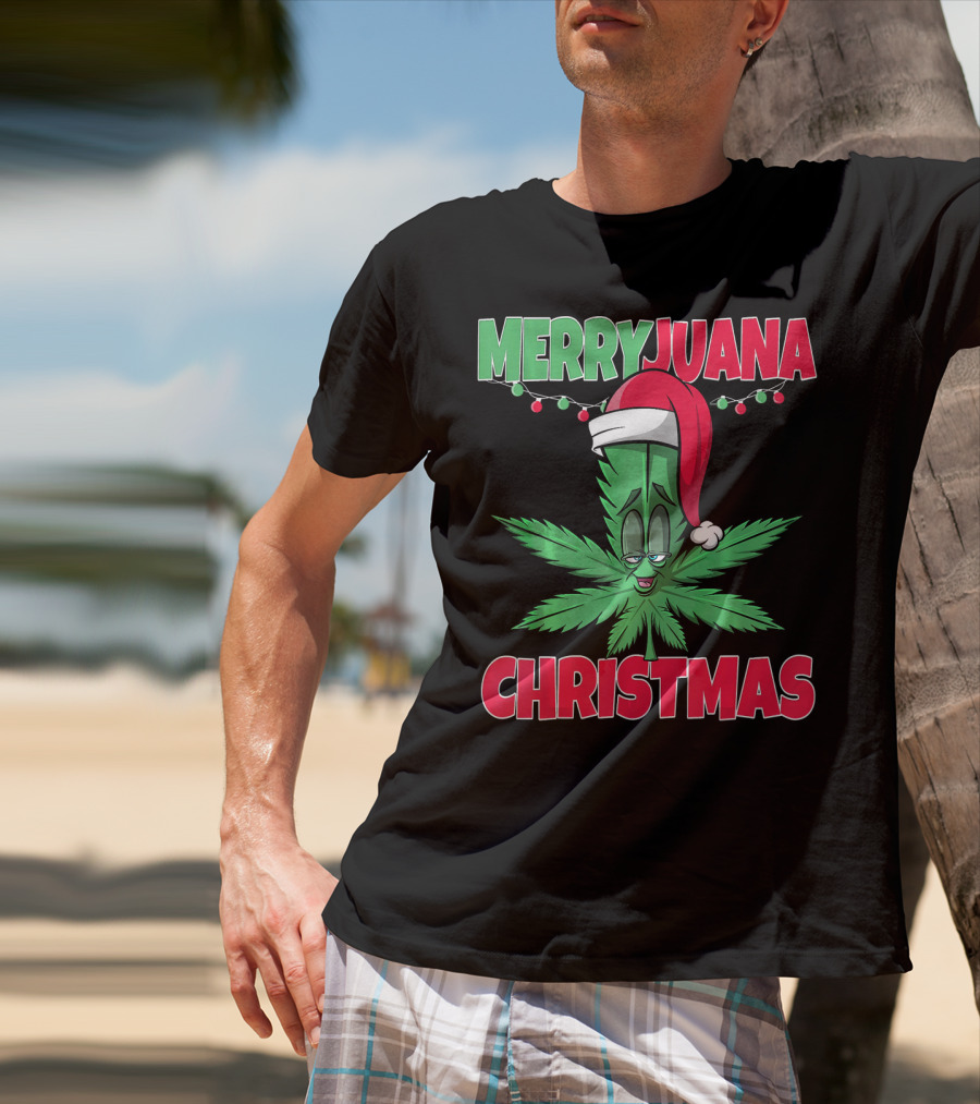 Merryjuana Christmas Funny Santa Hat Marijuana Leaf T-Shirt