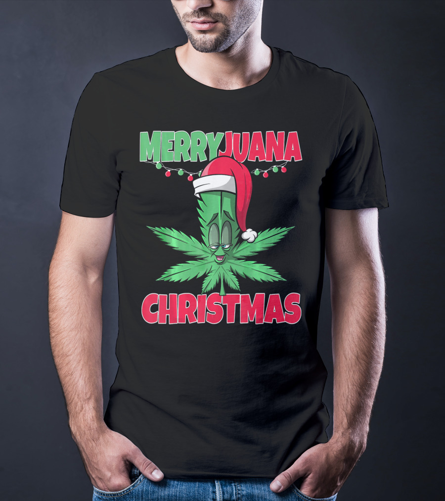 Merryjuana Christmas Funny Santa Hat Marijuana Leaf T-Shirt