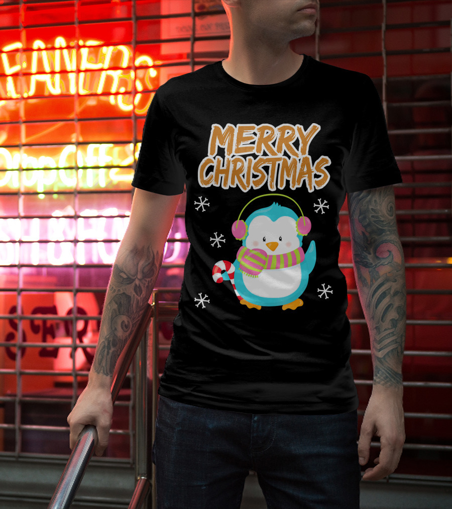 Merry Christmas Penguin With Candy Cane And Snowflakes T-Shirt