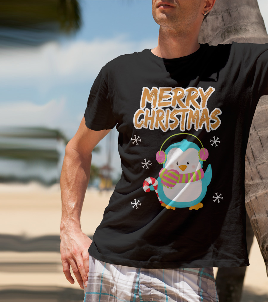 Merry Christmas Penguin With Candy Cane And Snowflakes T-Shirt
