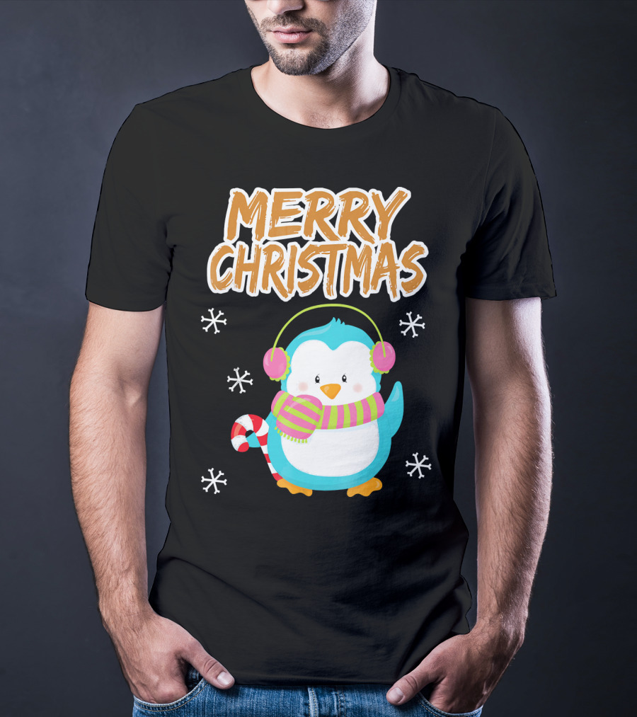 Merry Christmas Penguin With Candy Cane And Snowflakes T-Shirt