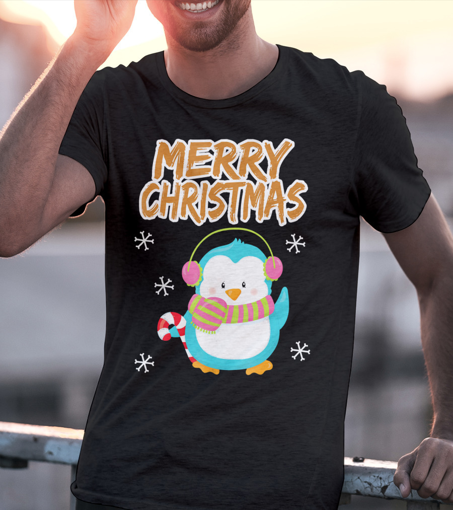 Merry Christmas Penguin With Candy Cane And Snowflakes T-Shirt