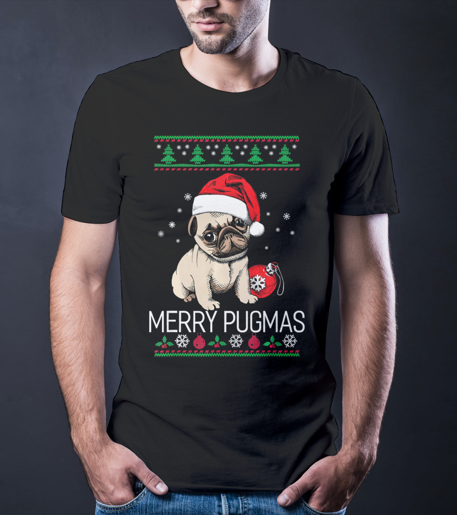 Merry Pugmas Santa Pug With Christmas Trees And Ornaments T-Shirt