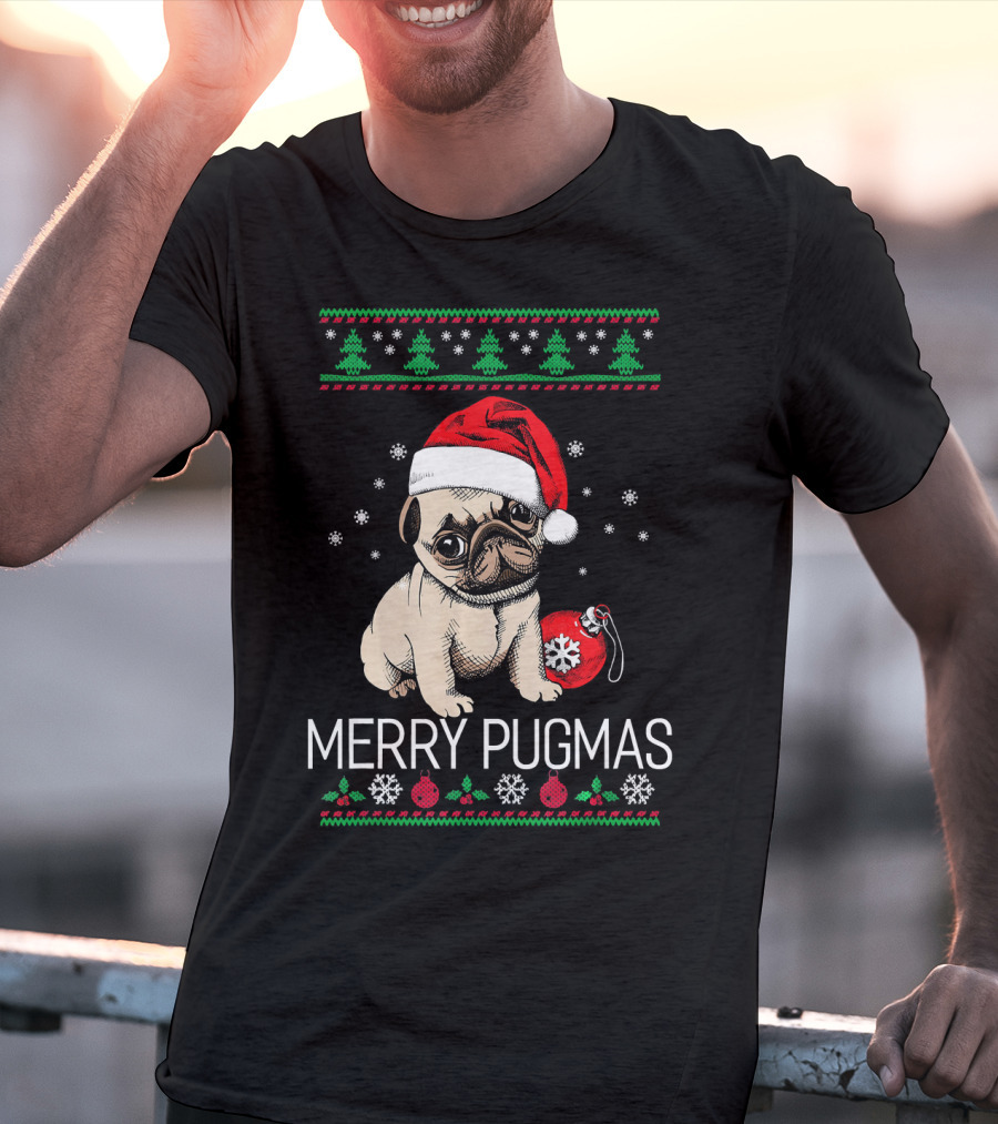 Merry Pugmas Santa Pug With Christmas Trees And Ornaments T-Shirt
