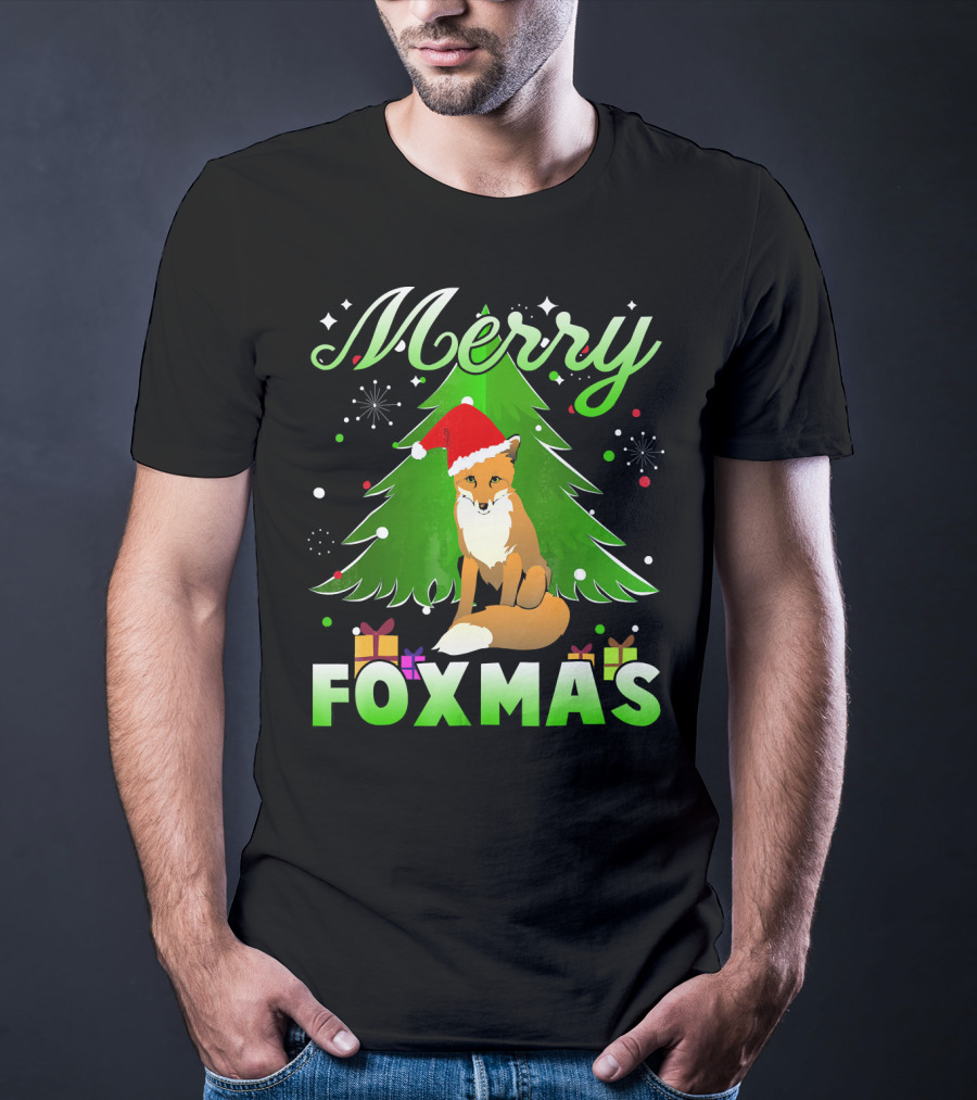Merry Foxmas Santa Hat Fox And Christmas Tree T-Shirt