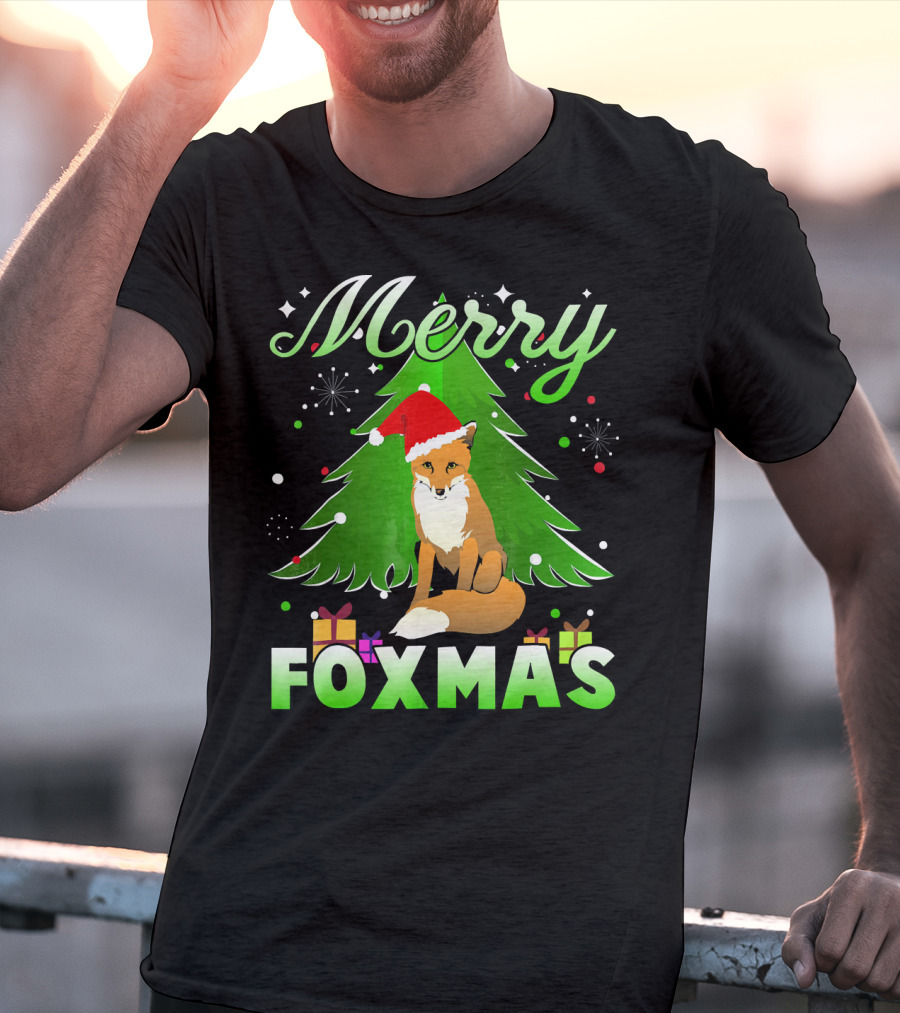 Merry Foxmas Santa Hat Fox And Christmas Tree T-Shirt