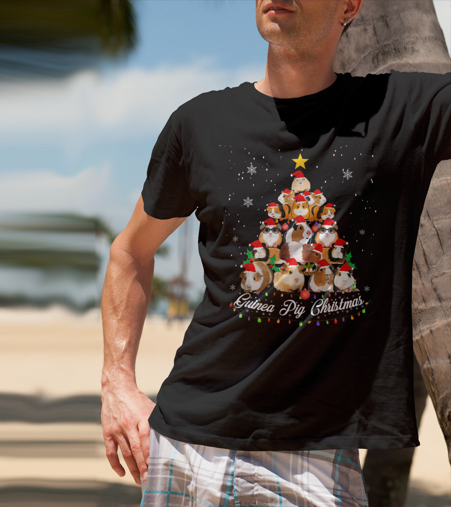 Guinea Pig Christmas Tree With Santa Hats And Snowflakes T-Shirt