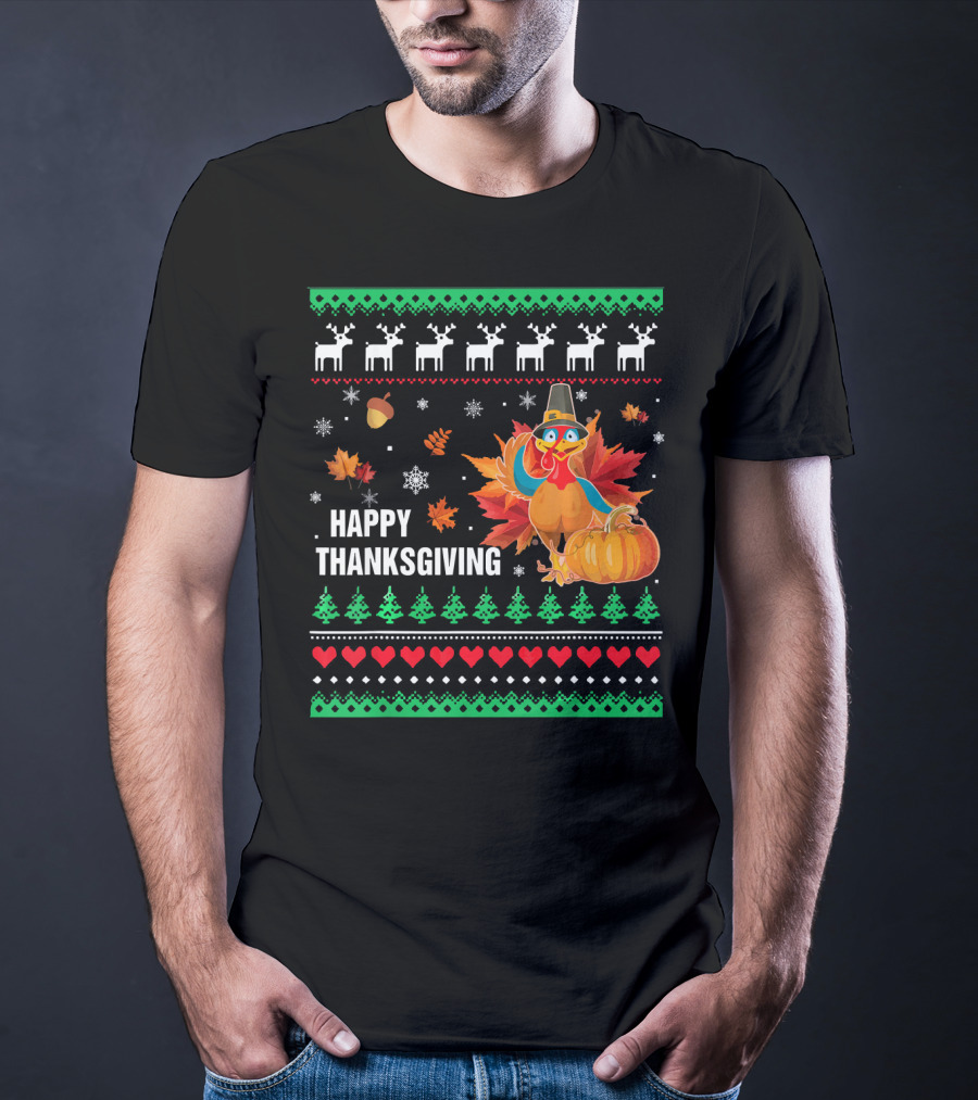 Happy Thanksgiving Turkey Pilgrim Hat Reindeer Snowflakes Pumpkins Leaves T-Shirt