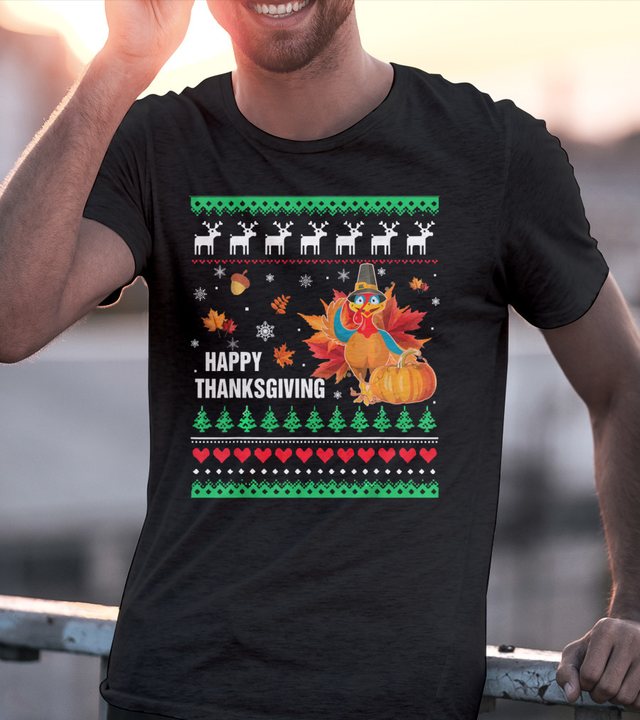 Happy Thanksgiving Turkey Pilgrim Hat Reindeer Snowflakes Pumpkins Leaves T-Shirt