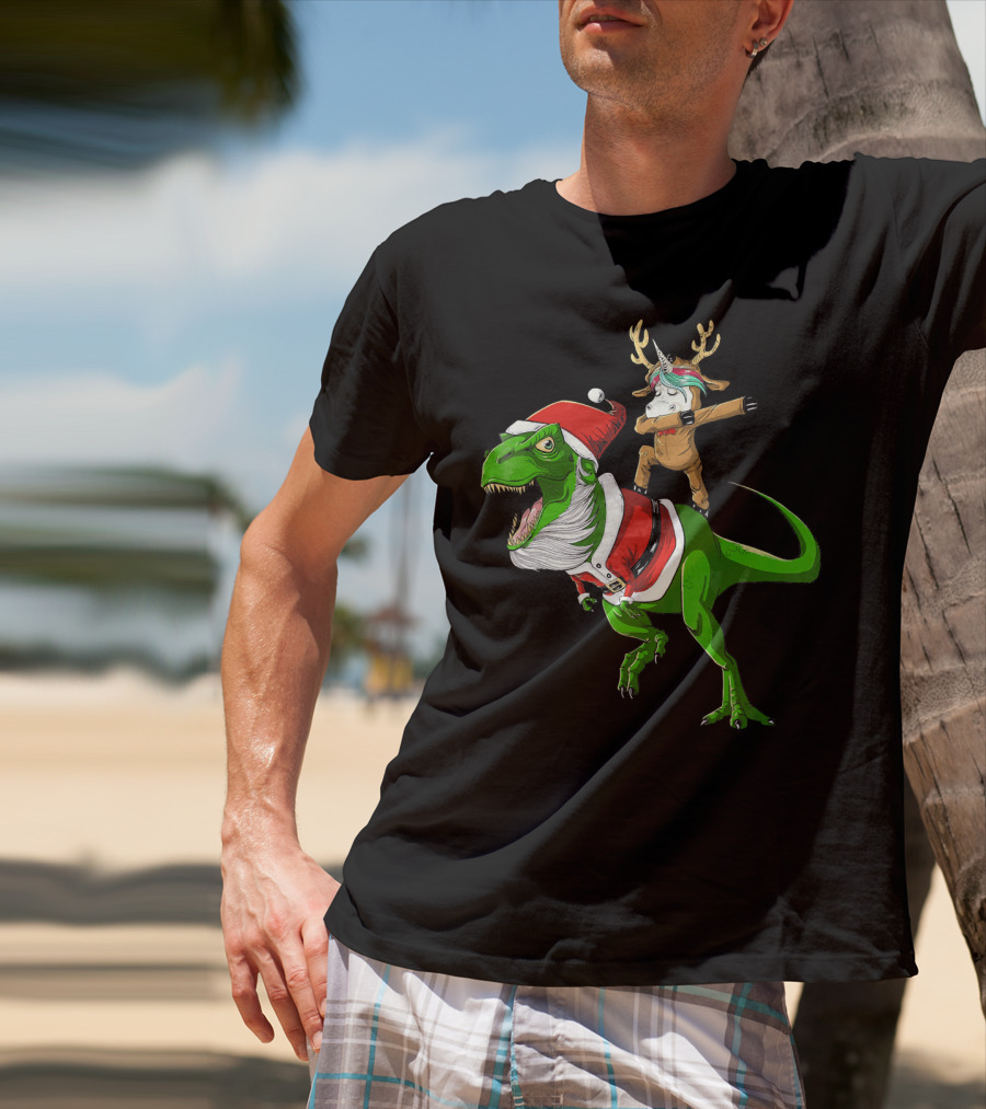 Unicorn Dabbing On Dinosaur Santa With Antlers T-Shirt