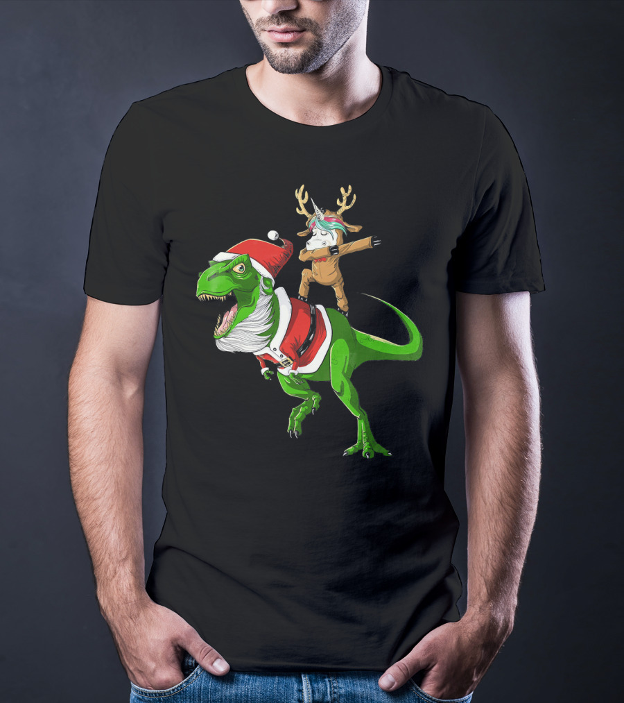 Unicorn Dabbing On Dinosaur Santa With Antlers T-Shirt