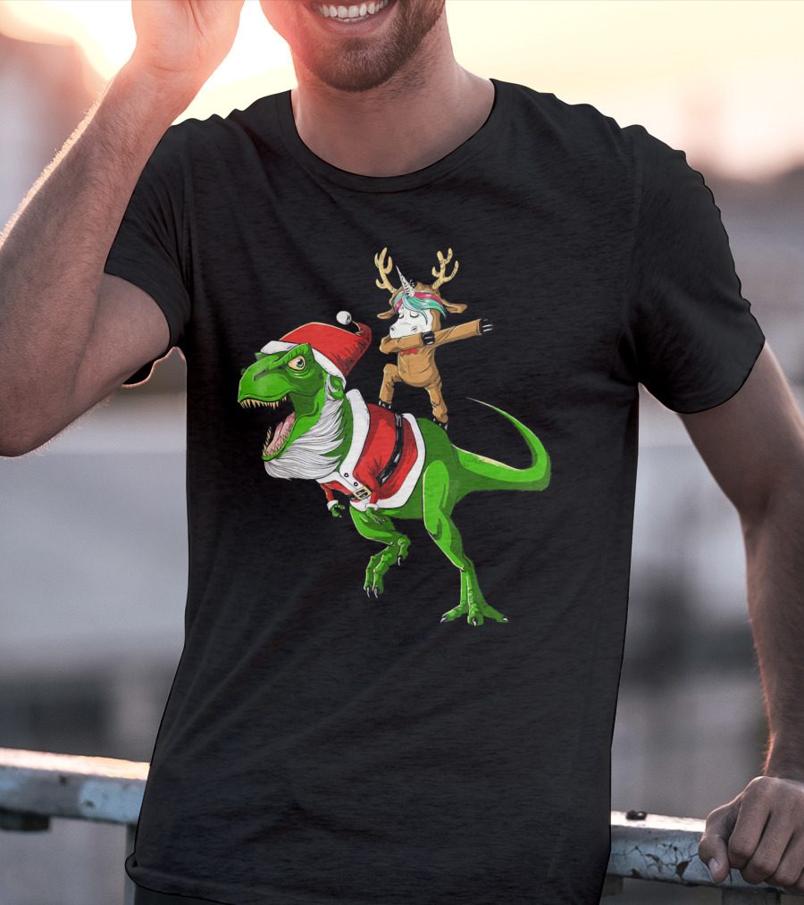 Unicorn Dabbing On Dinosaur Santa With Antlers T-Shirt