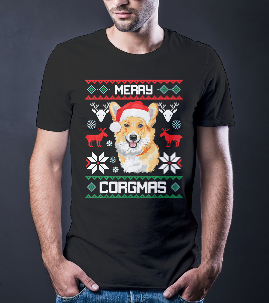 Merry Corgmas Corgi Dog Santa Hat Ugly Christmas T-Shirt