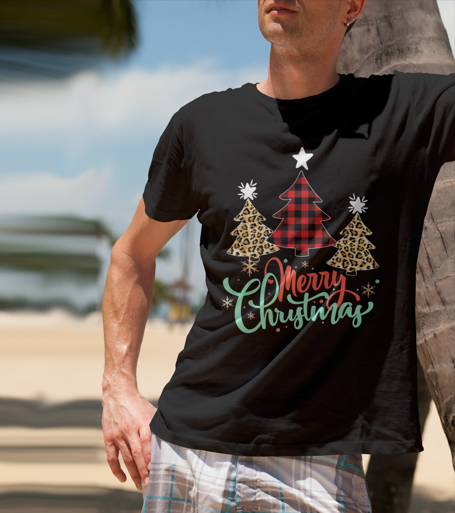 Merry Christmas Leopard Plaid Tree T-Shirt