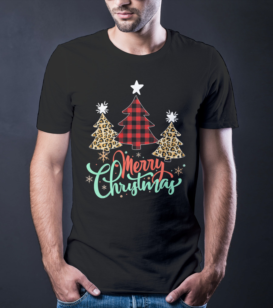 Merry Christmas Leopard Plaid Tree T-Shirt