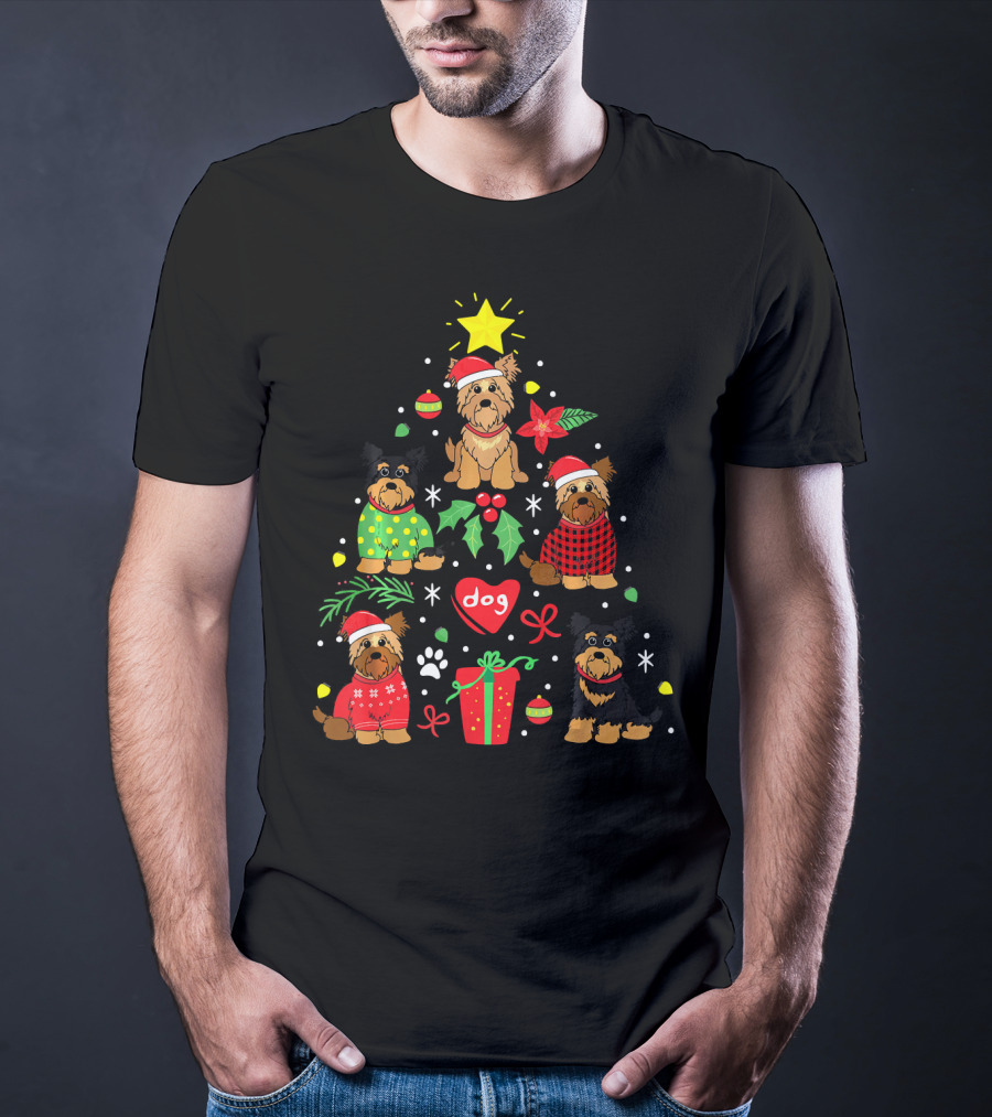 Yorkipoo Dog In Santa And Christmas Sweaters With Ornaments And Gifts T-Shirt