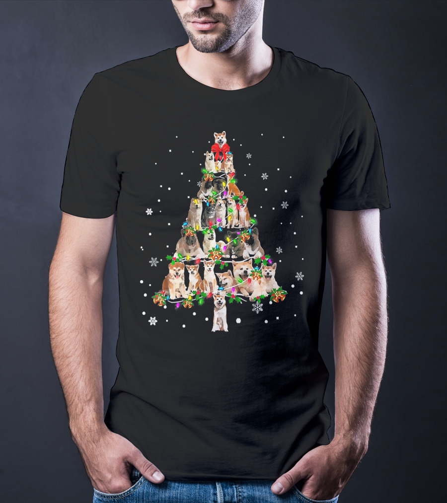 Cute Akita Dog Christmas Tree Decor With Snowflakes And Festive Lights T-Shirt