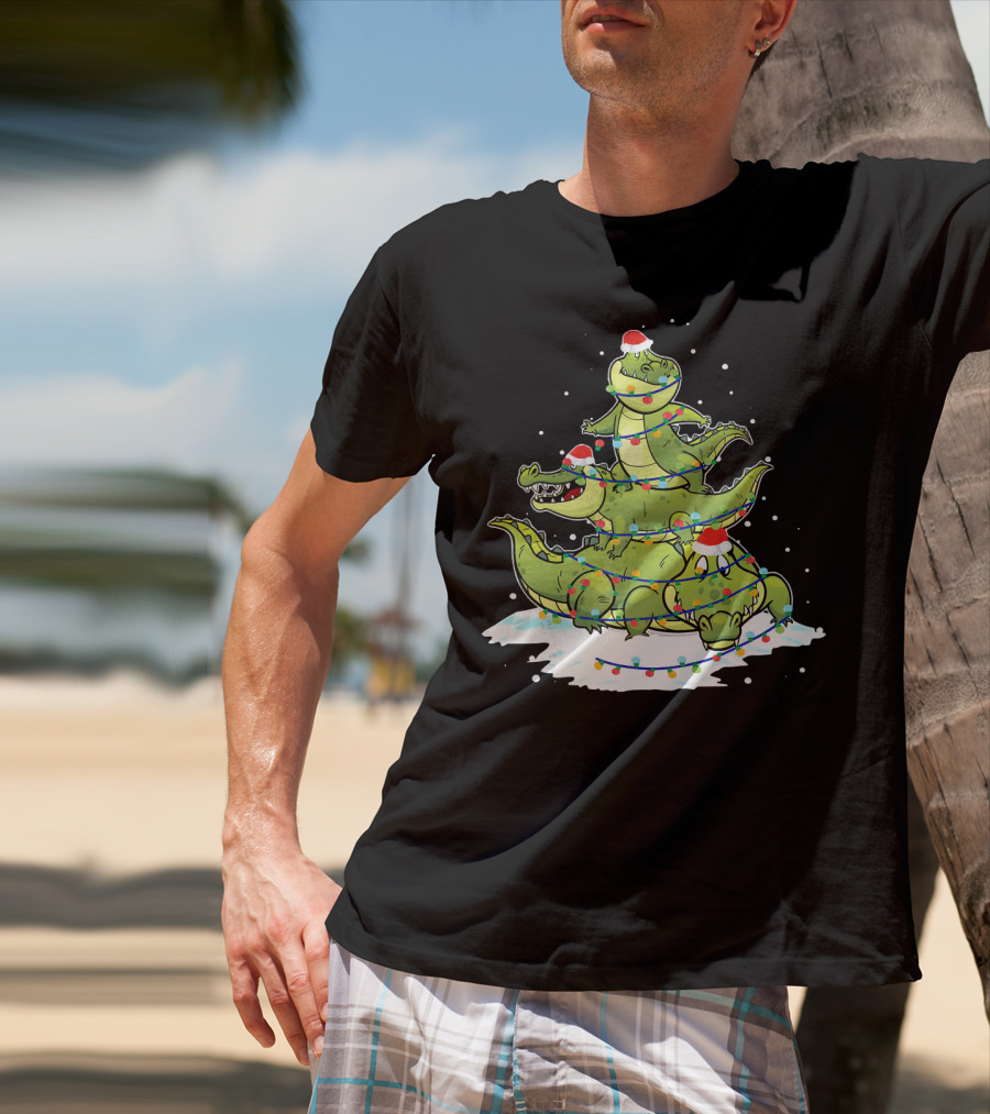 Alligator Santa Christmas Light Tree Festive Holiday Scene T-Shirt