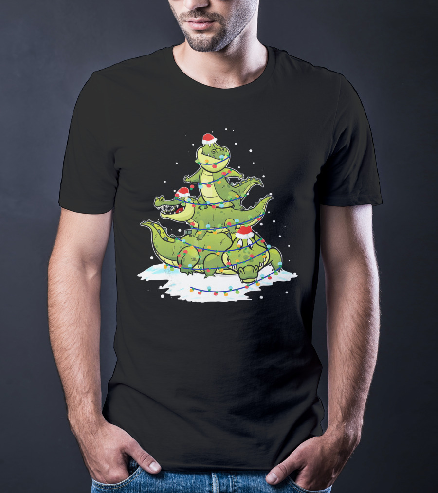 Alligator Santa Christmas Light Tree Festive Holiday Scene T-Shirt