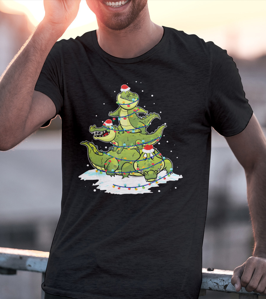 Alligator Santa Christmas Light Tree Festive Holiday Scene T-Shirt