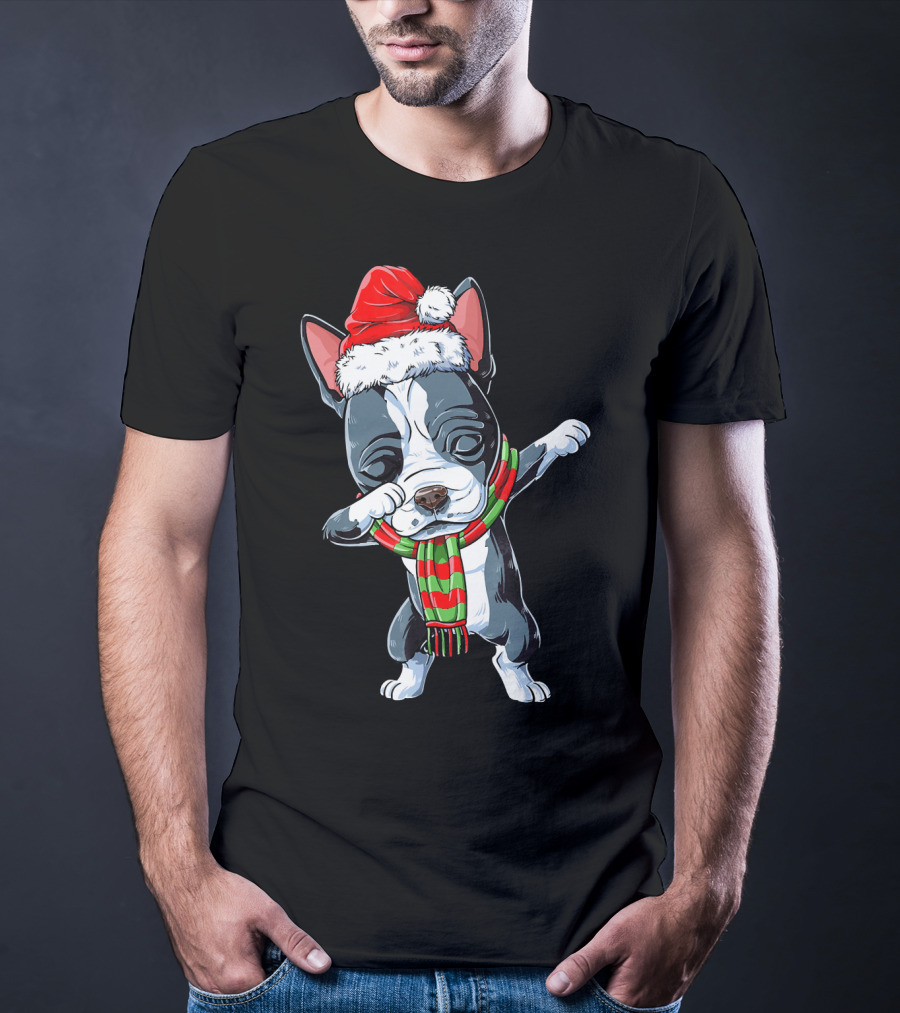 Dabbing Boston Terrier Santa Christmas Scarf Festive Dog T-Shirt