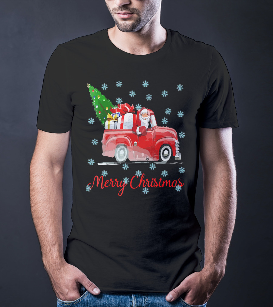 Merry Christmas Tree Santa Vintage Car With Presents And Snowflakes T-Shirt