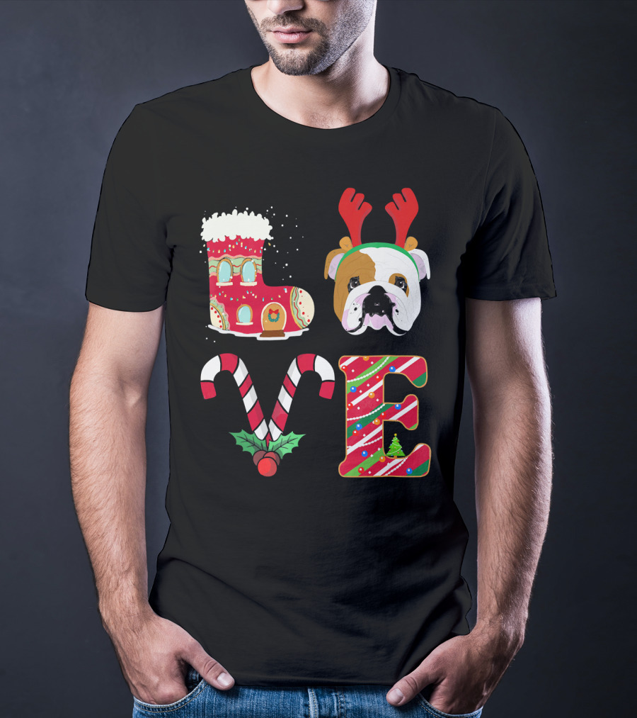 Love My English Bulldog Christmas Holiday Antlers Candy Cane T-Shirt