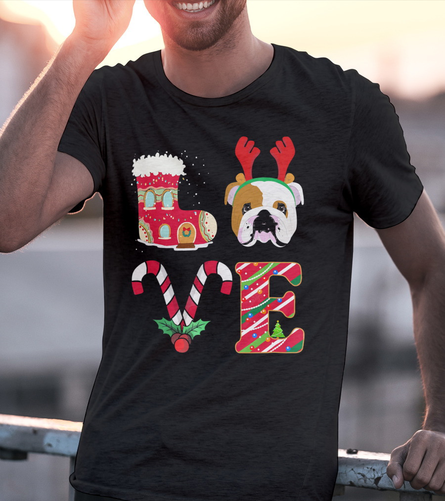 Love My English Bulldog Christmas Holiday Antlers Candy Cane T-Shirt