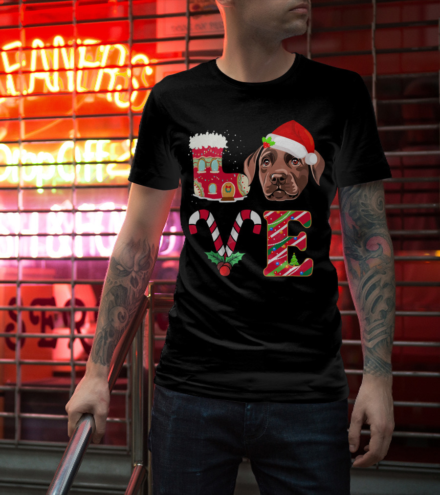 I Love My Chocolate Labrador Christmas Theme With Santa Hat And Candy Cane Decorations T-Shirt