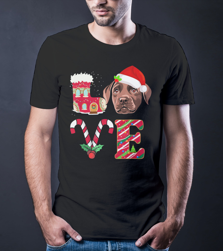 I Love My Chocolate Labrador Christmas Theme With Santa Hat And Candy Cane Decorations T-Shirt