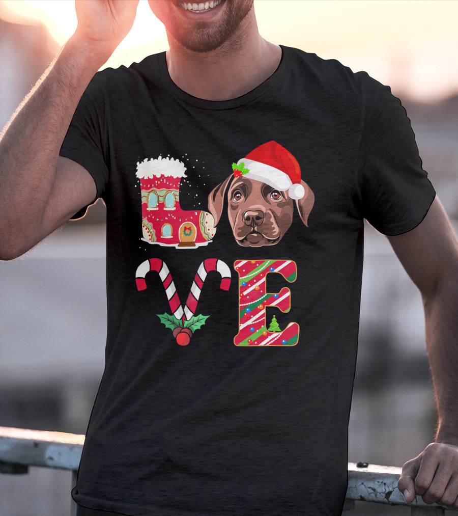 I Love My Chocolate Labrador Christmas Theme With Santa Hat And Candy Cane Decorations T-Shirt