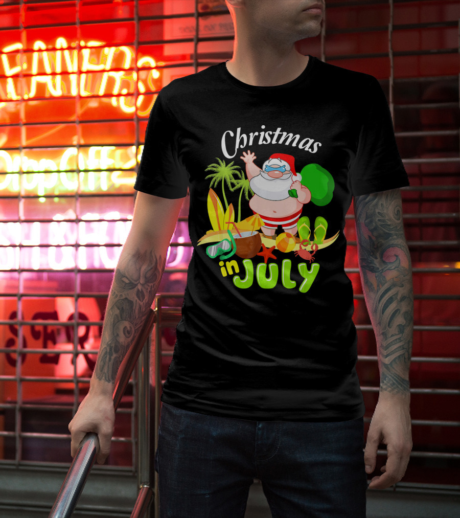 Christmas In July Santa With Surfboards, Palm Trees, Tropical Drinks, And Beach Accessories T-Shirt