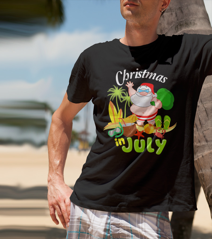 Christmas In July Santa With Surfboards, Palm Trees, Tropical Drinks, And Beach Accessories T-Shirt
