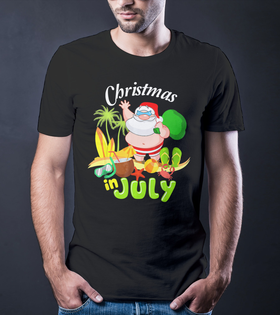 Christmas In July Santa With Surfboards, Palm Trees, Tropical Drinks, And Beach Accessories T-Shirt