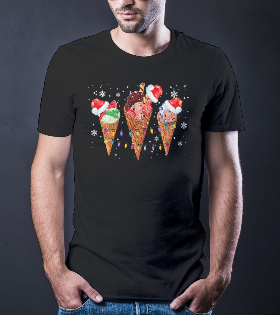 Ice Cream Cones Santa Hats Christmas Lights Snowflakes T-Shirt