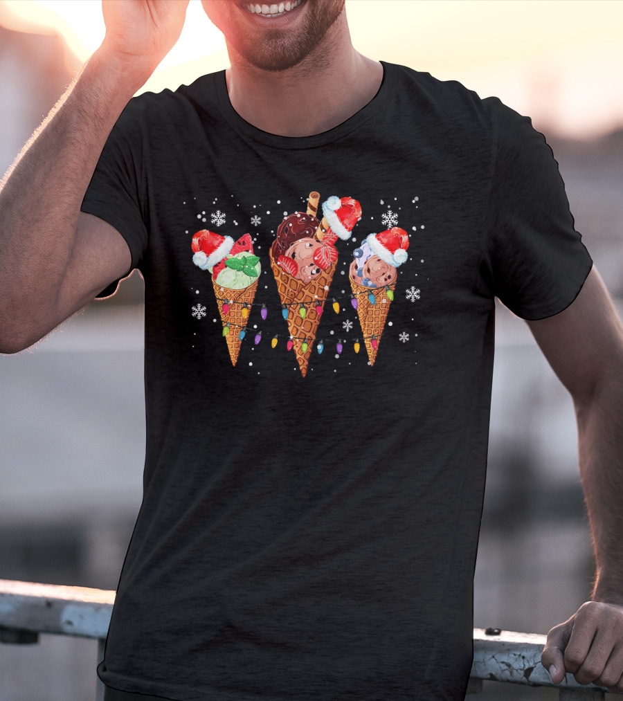 Ice Cream Cones Santa Hats Christmas Lights Snowflakes T-Shirt