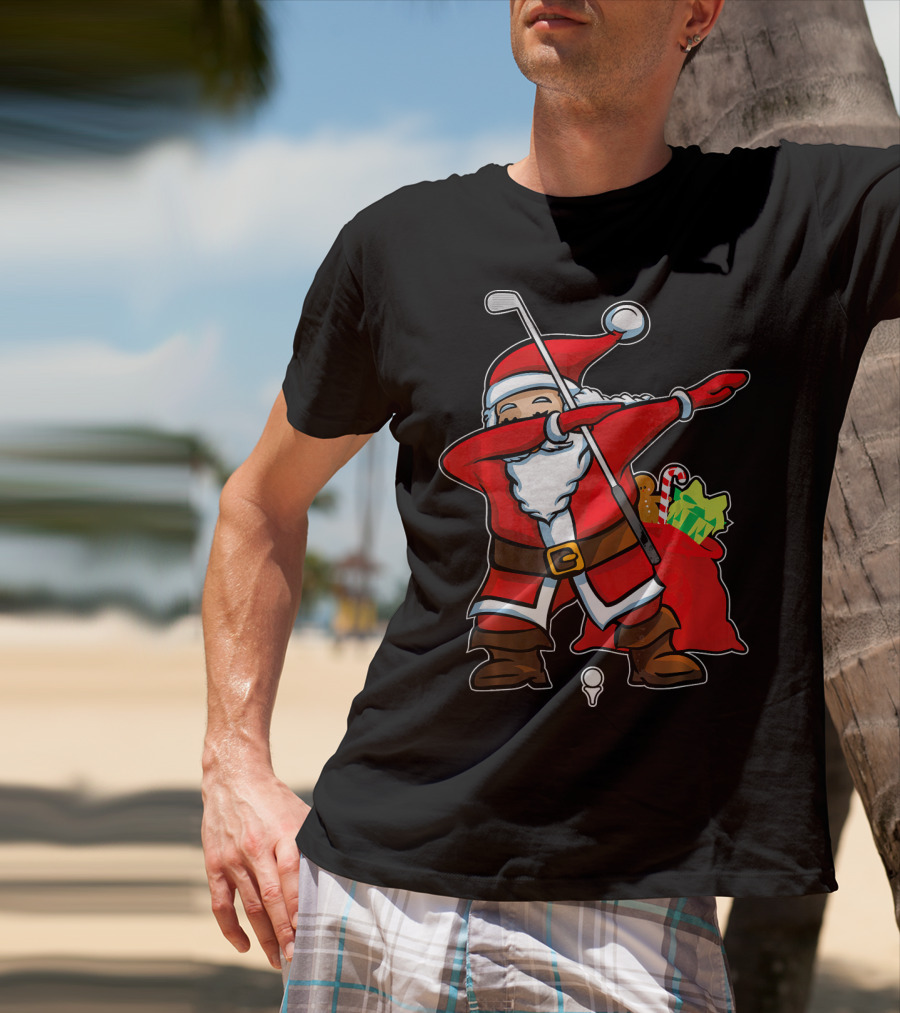 Christmas Dabbing Golf Santa With Gift Bag And Candy Cane T-Shirt