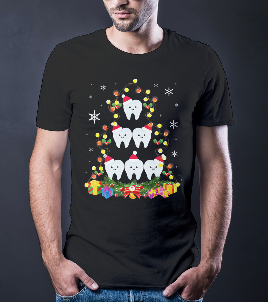 Dental Christmas Tree With Lighted Tooth Ornaments And Festive Gifts T-Shirt