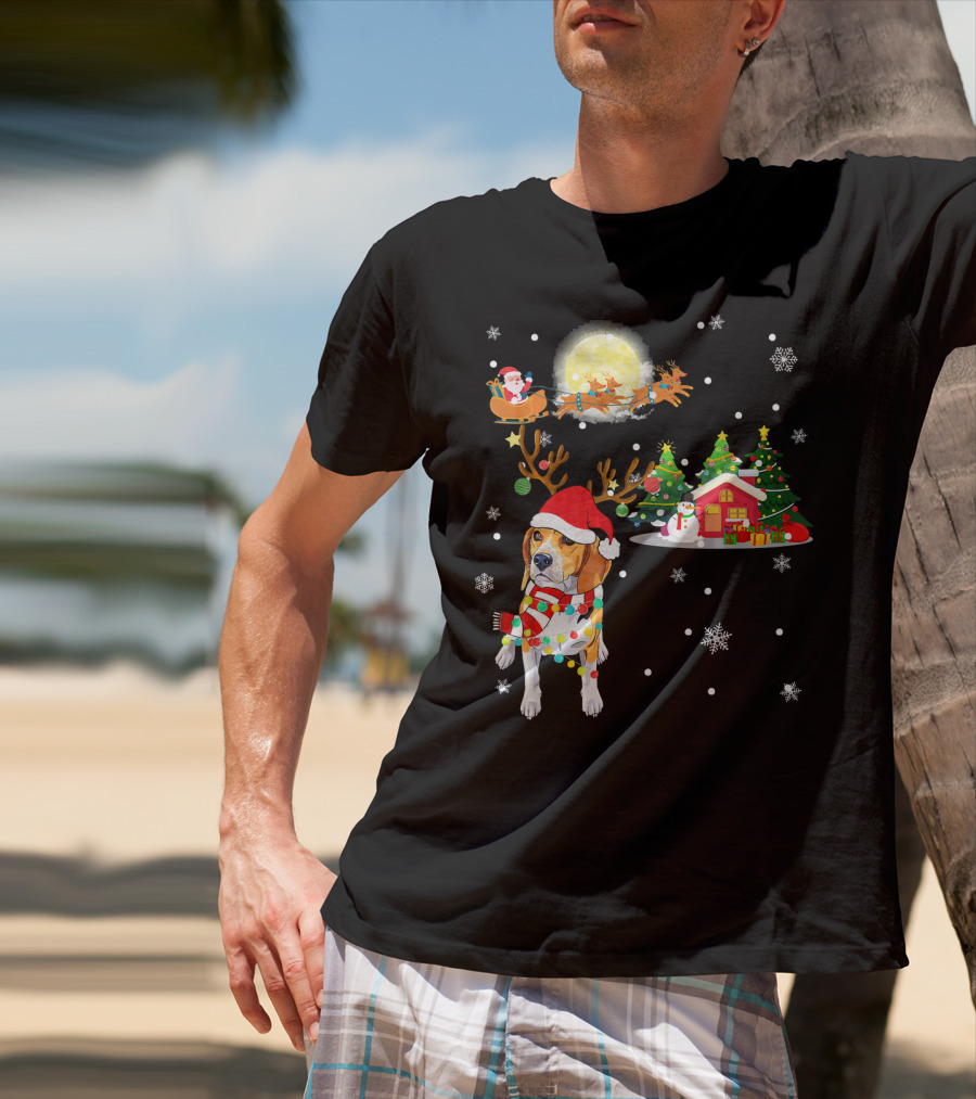 Beagle Christmas Santa Sleigh Trees Snowman Holiday Scene T-Shirt