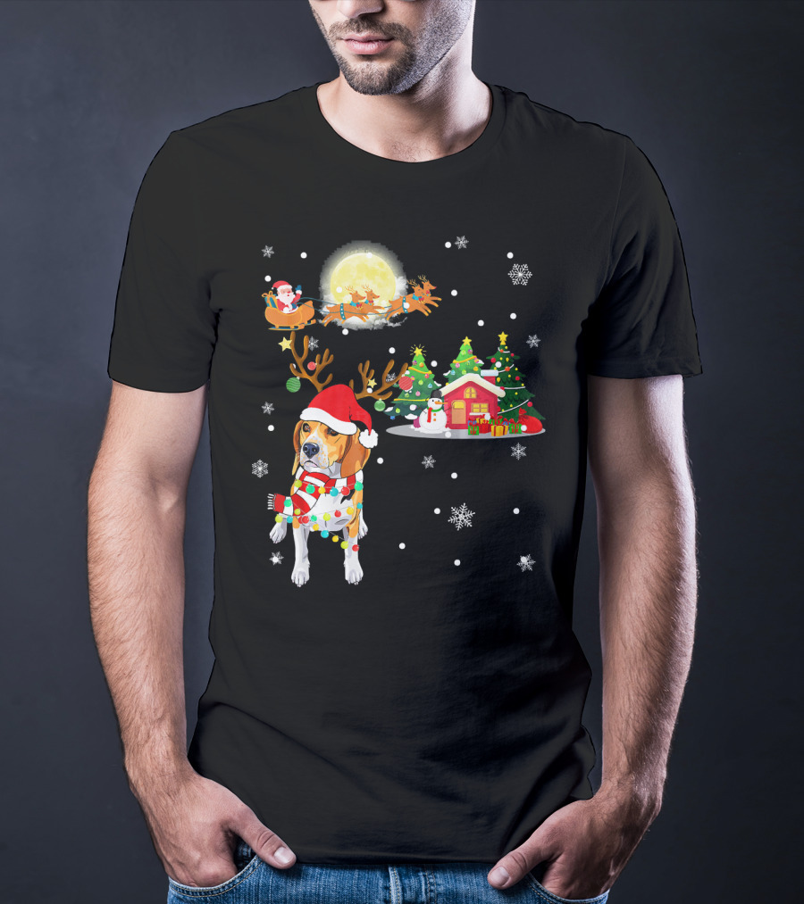 Beagle Christmas Santa Sleigh Trees Snowman Holiday Scene T-Shirt