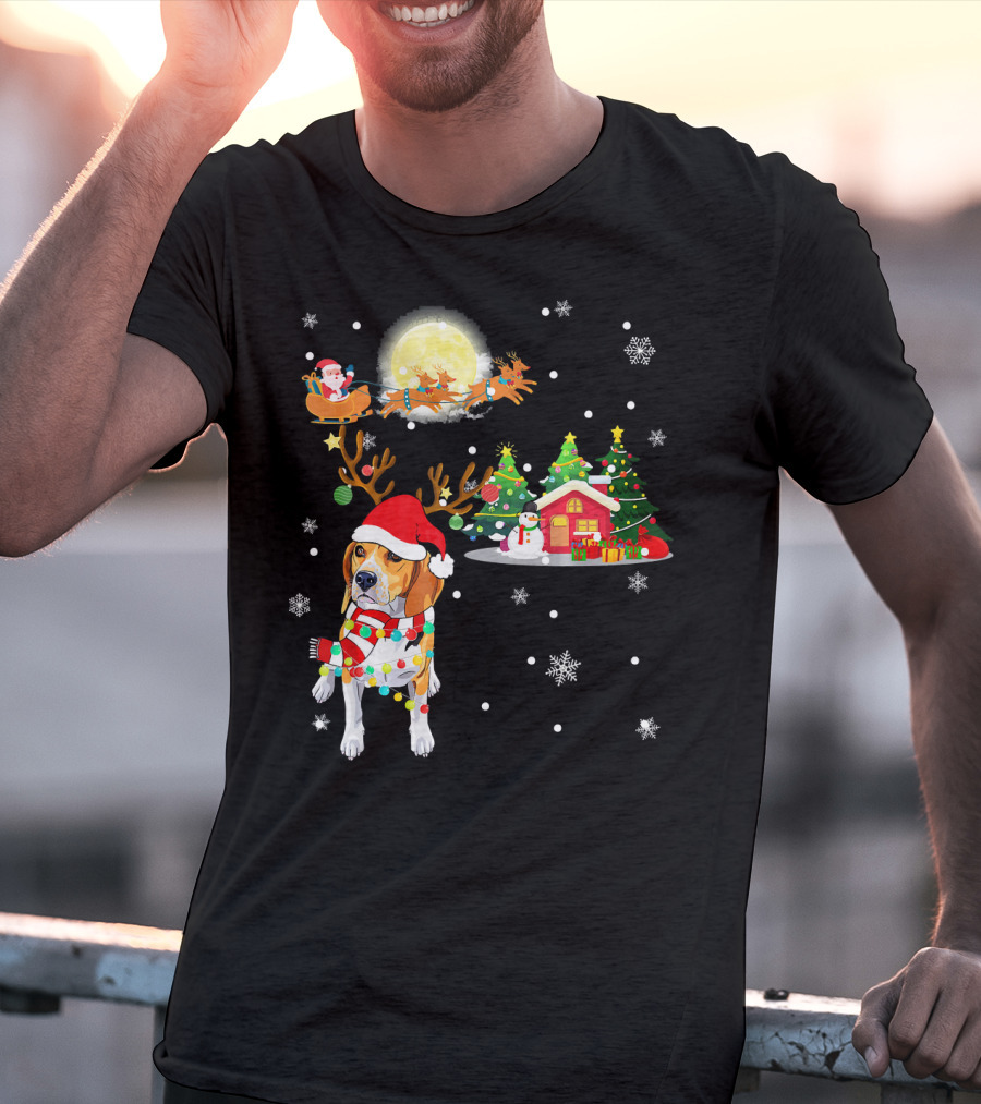 Beagle Christmas Santa Sleigh Trees Snowman Holiday Scene T-Shirt