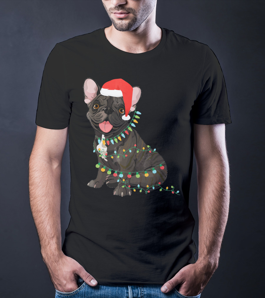 Santa French Bulldog Tangled In Christmas Lights T-Shirt