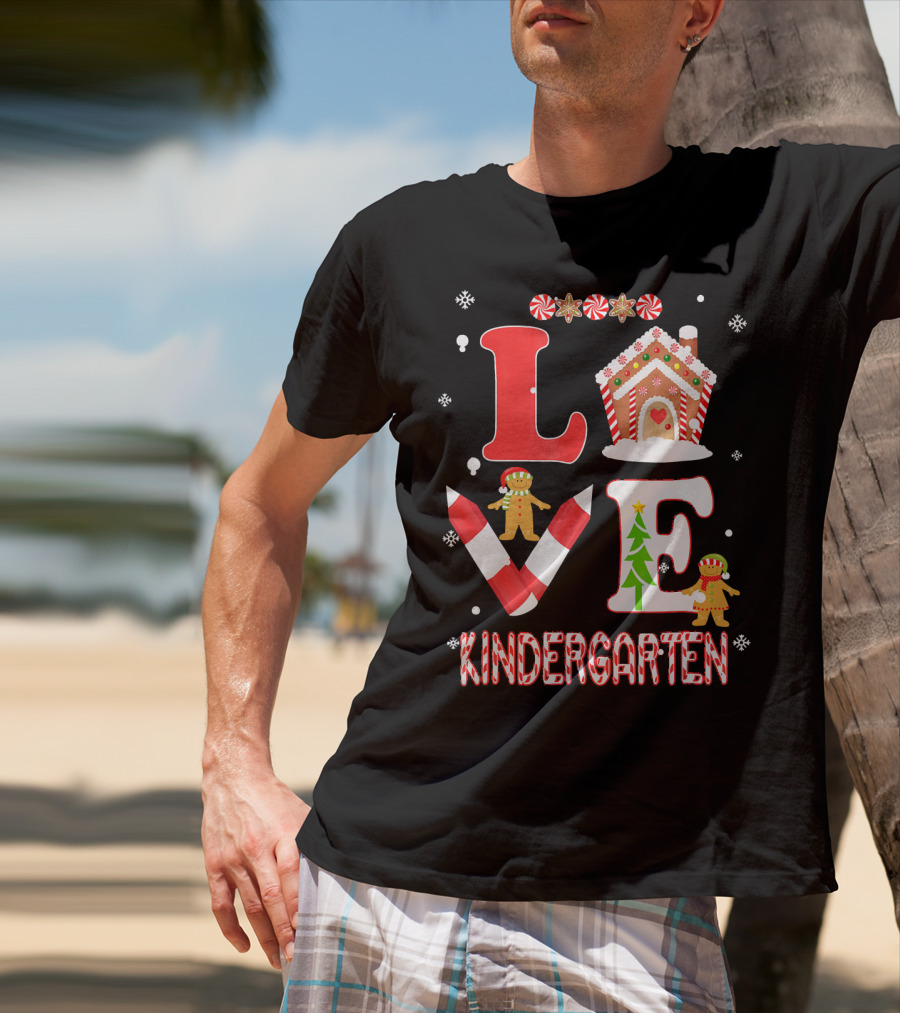 Love Kindergarten Teacher Gingerbread Candy Cane Christmas T-Shirt