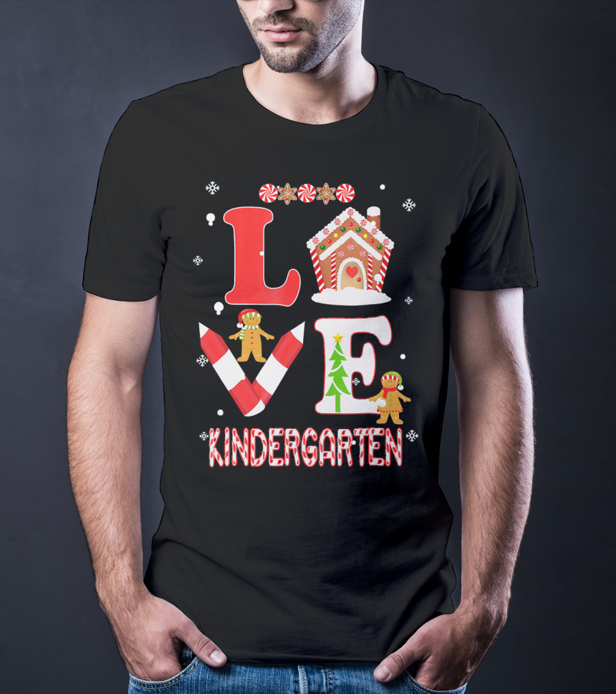 Love Kindergarten Teacher Gingerbread Candy Cane Christmas T-Shirt