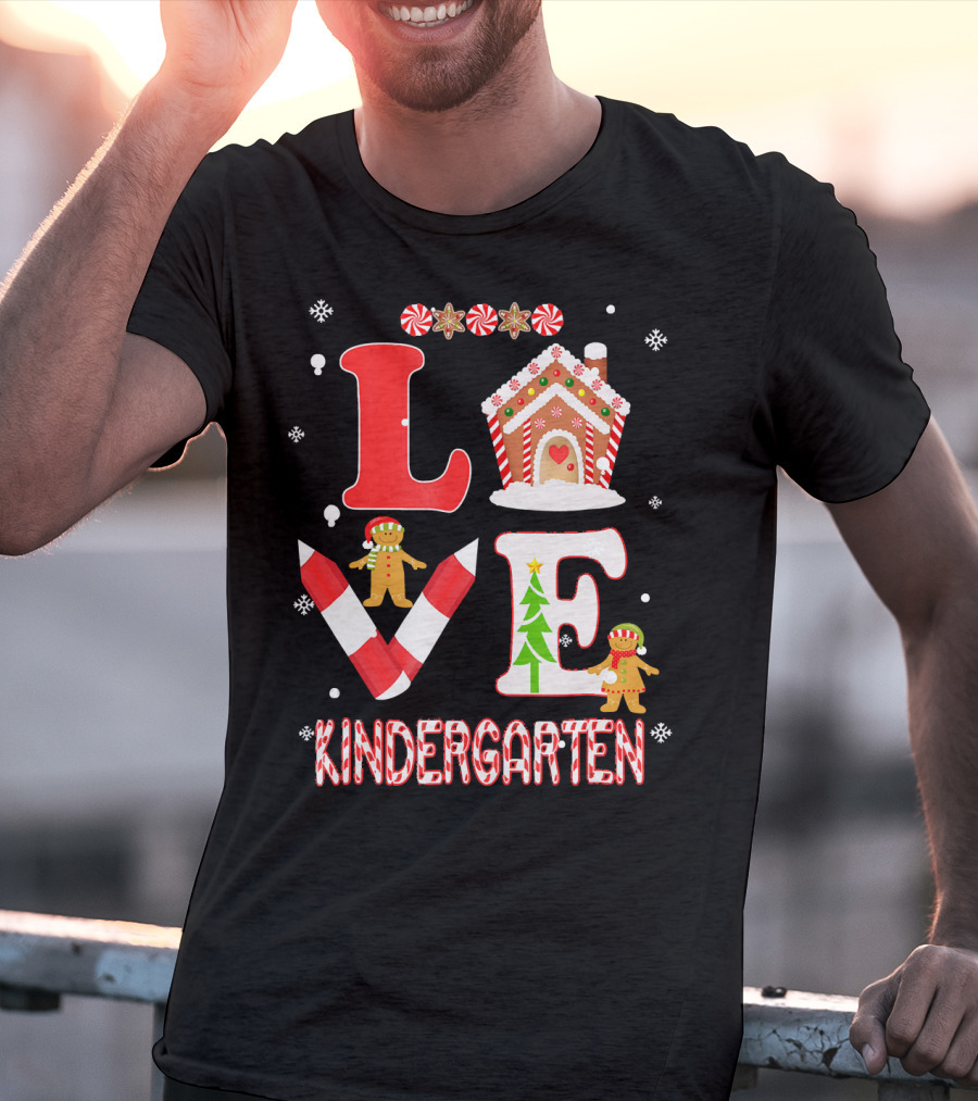 Love Kindergarten Teacher Gingerbread Candy Cane Christmas T-Shirt