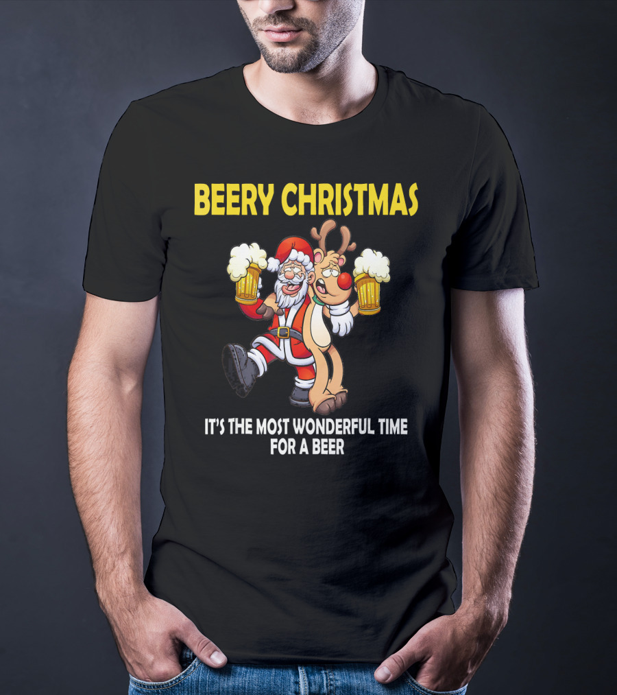 Beery Christmas It's The Most Wonderful Time For A Beer Santa And Reindeer Cheers T-Shirt