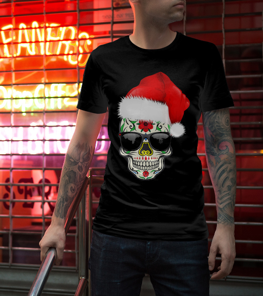 Christmas Santa Hat Day Of The Dead Sugar Skull Suga T-Shirt