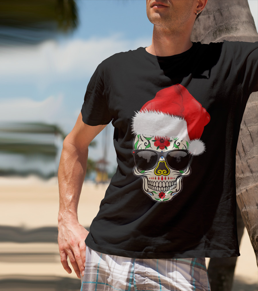 Christmas Santa Hat Day Of The Dead Sugar Skull Suga T-Shirt